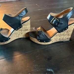 Black Leather Wedge Sandals with Buckle